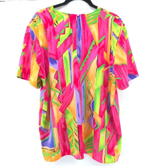 Susan Graver Vintage 80/90s Corlorful Pop Fluorescent Geometric Pattern Blouse L - Picture 10 of 13